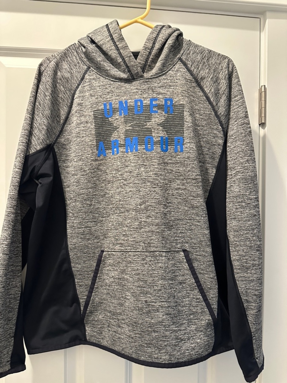 Under Armour Gray Heather Hoodie with Black Panels and Blue Logo